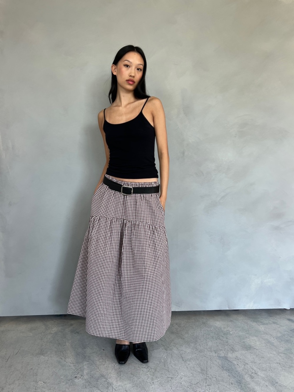 A Bronze Age Field Skirt in Brown Gingham - Tiered Maxi Skirt